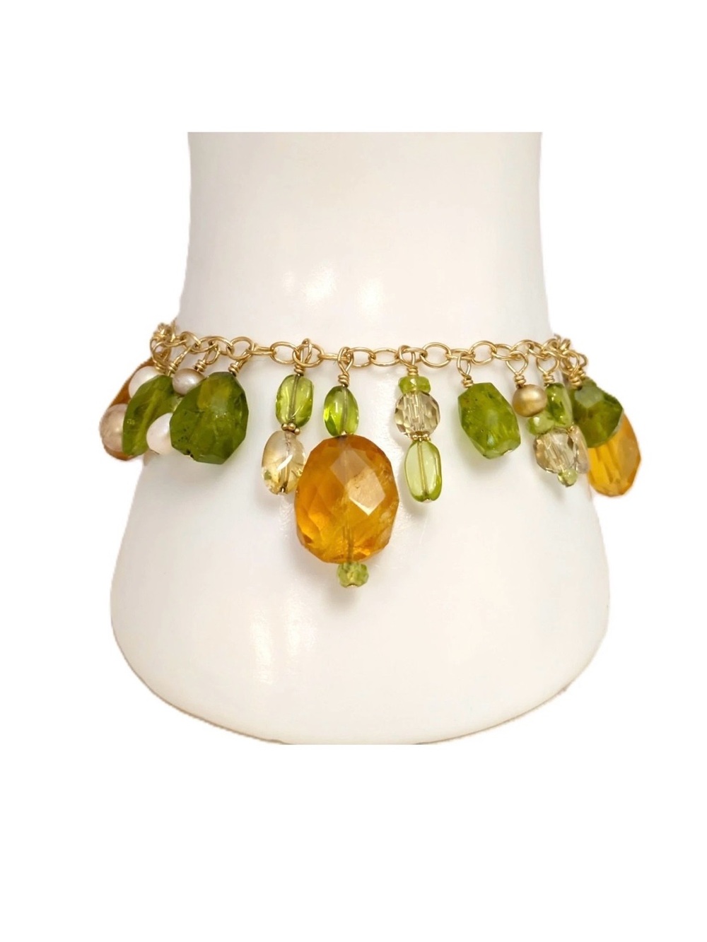 Vintage 14K Gold W/ Peridot, Citrine and Pearl bracelet, 7-1/2” long.
